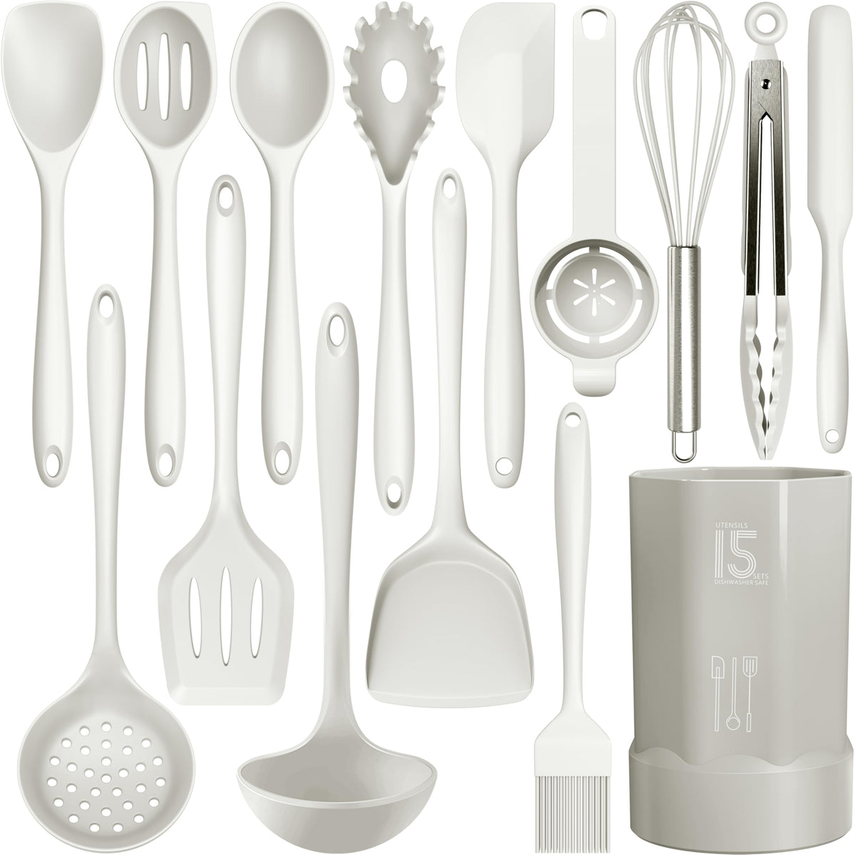 AOTHOD silicone cooking utensils set cream white close up showing the overall tool assortment