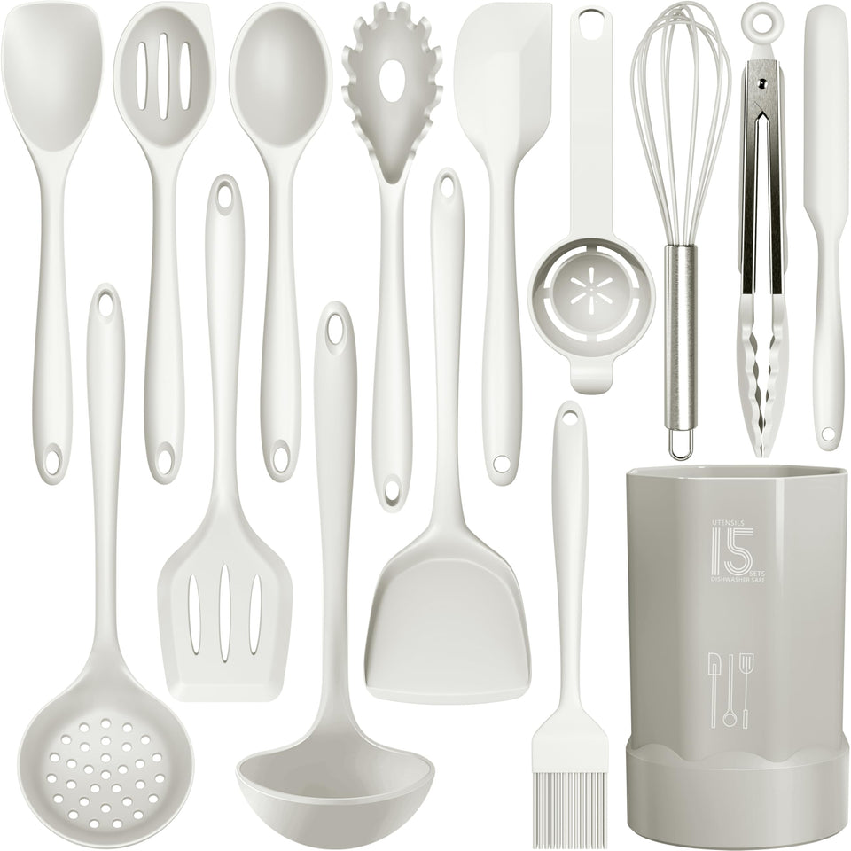 AOTHOD silicone cooking utensils set cream white close up showing the overall tool assortment