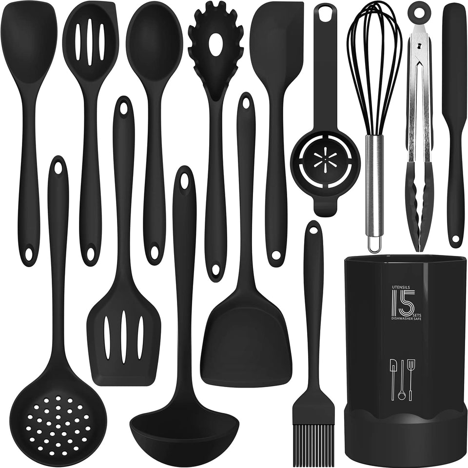 AOTHOD silicone utensils set in a stylish holder for easy access