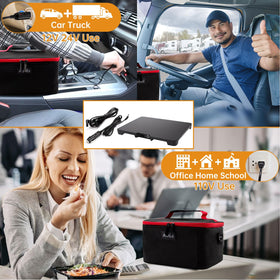 Aotto Portable Oven in car demonstrates 12V/24V/110V compatibility for on-the-go meals