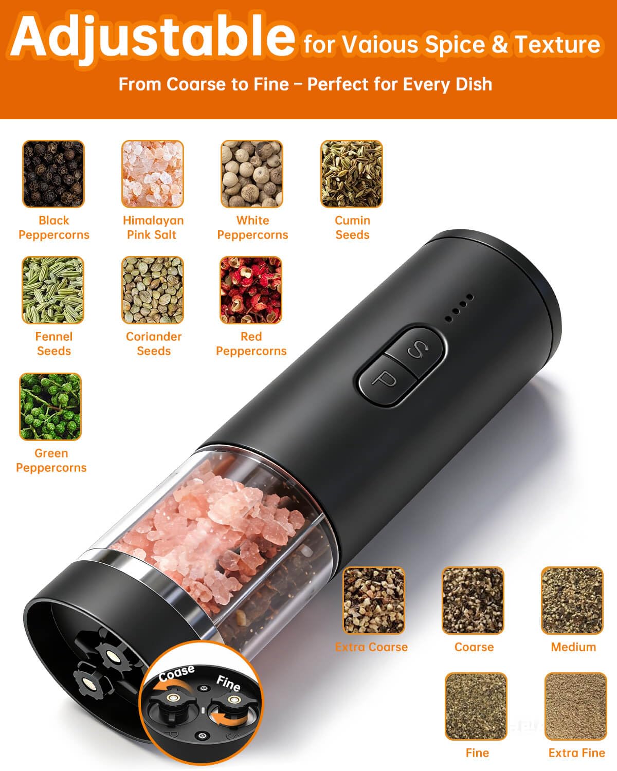 Aotto transparent spice container allows easy monitoring of remaining salt and pepper.