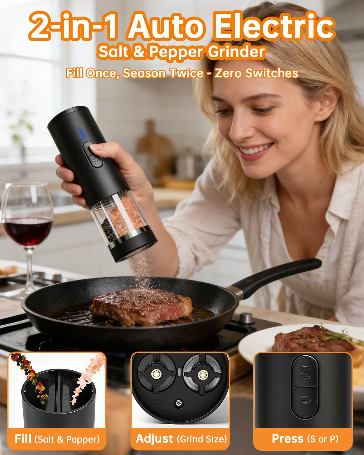Aotto USB-C rechargeable grinder for quick, cordless seasoning between tasks.