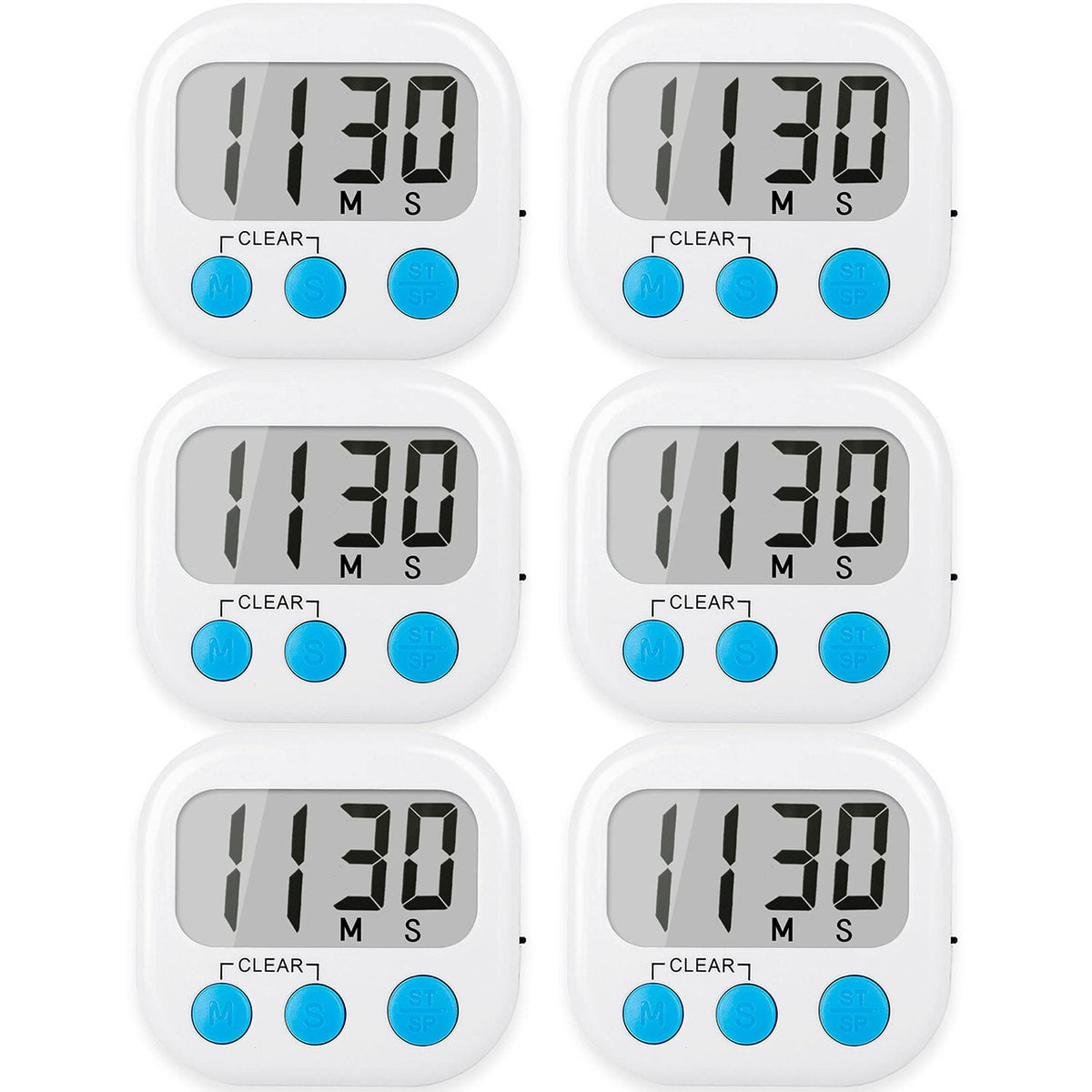 AOUCE six-pack digital kitchen timer with magnetic back for fridge attachment.