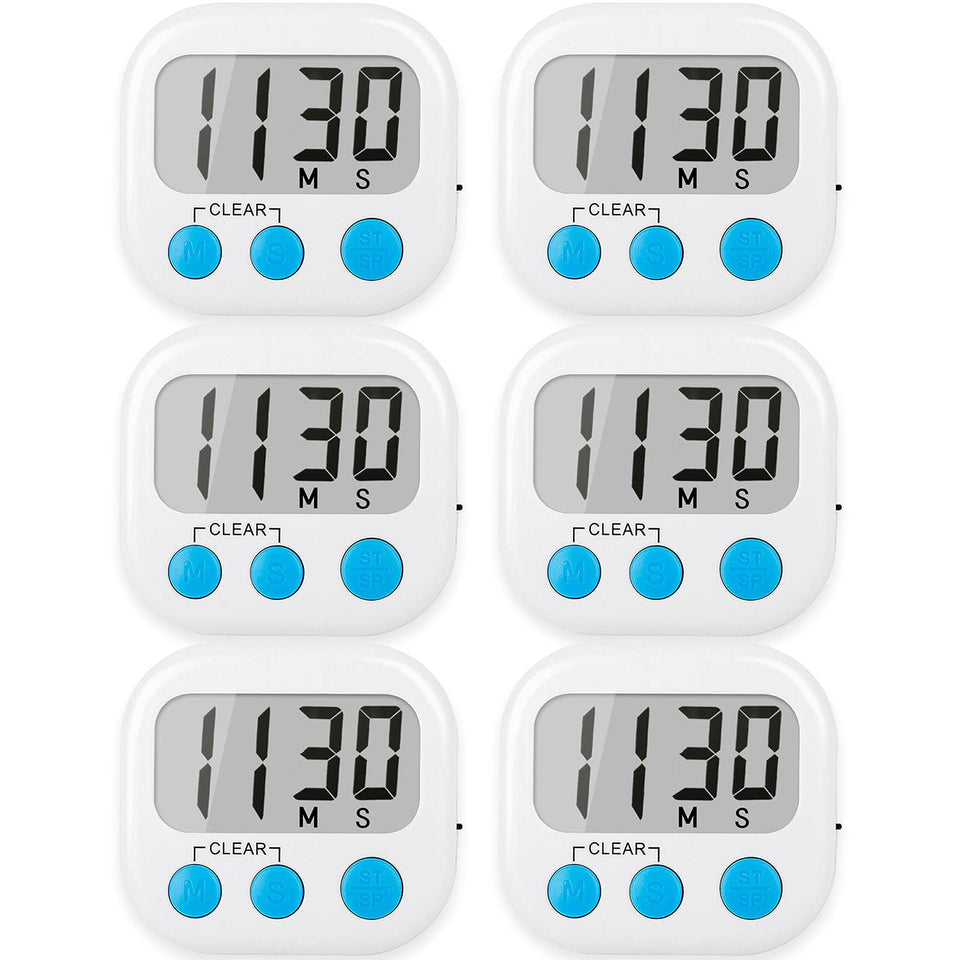 AOUCE six-pack digital kitchen timer with magnetic back for fridge attachment.