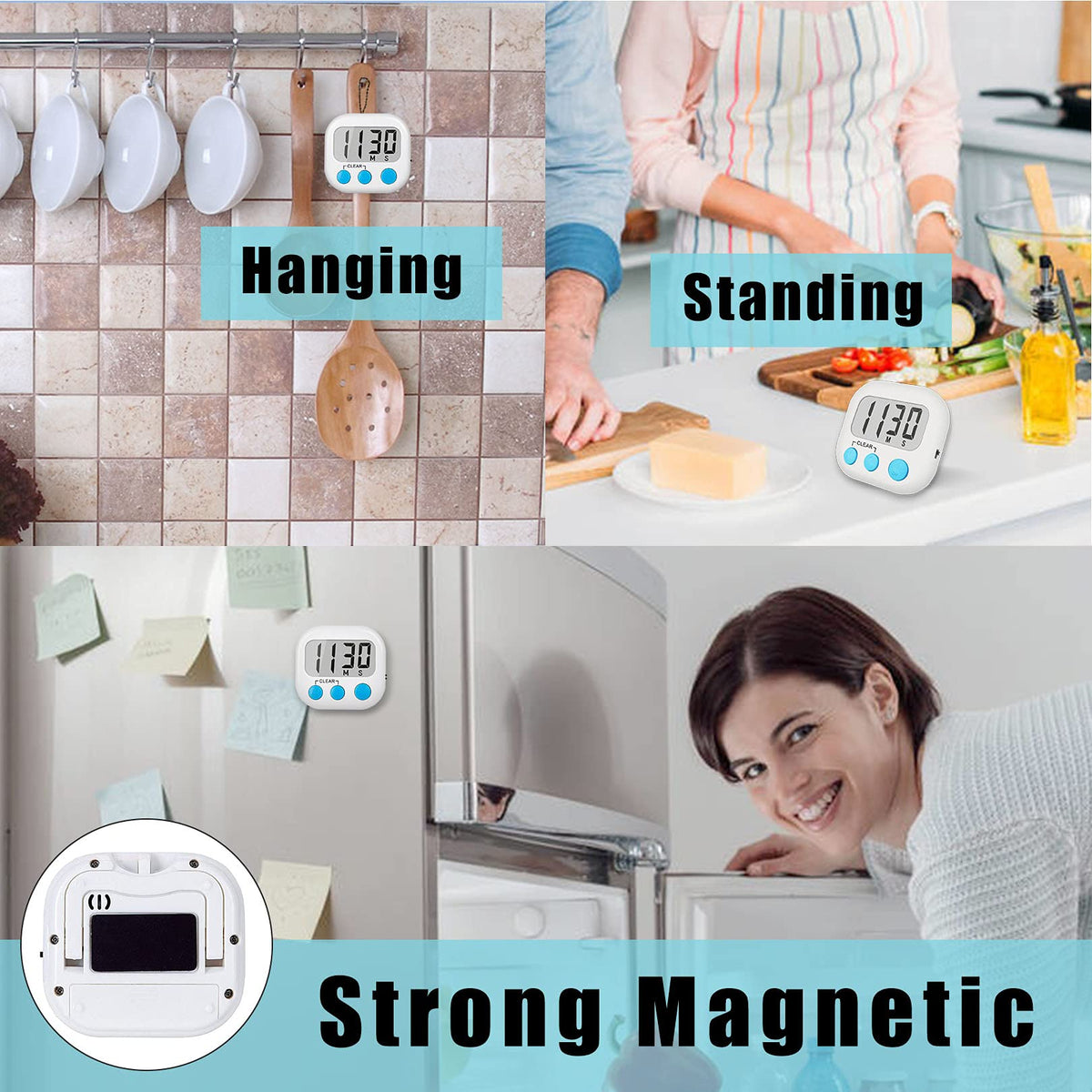 AOUCE six-pack timers shown in a busy kitchen setup.