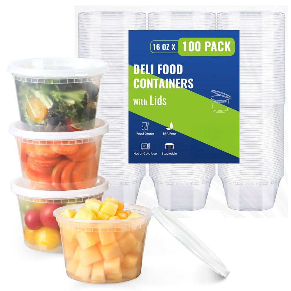 AOZITA 100-set 16 oz deli containers with lids for organized meal prep and freshness.