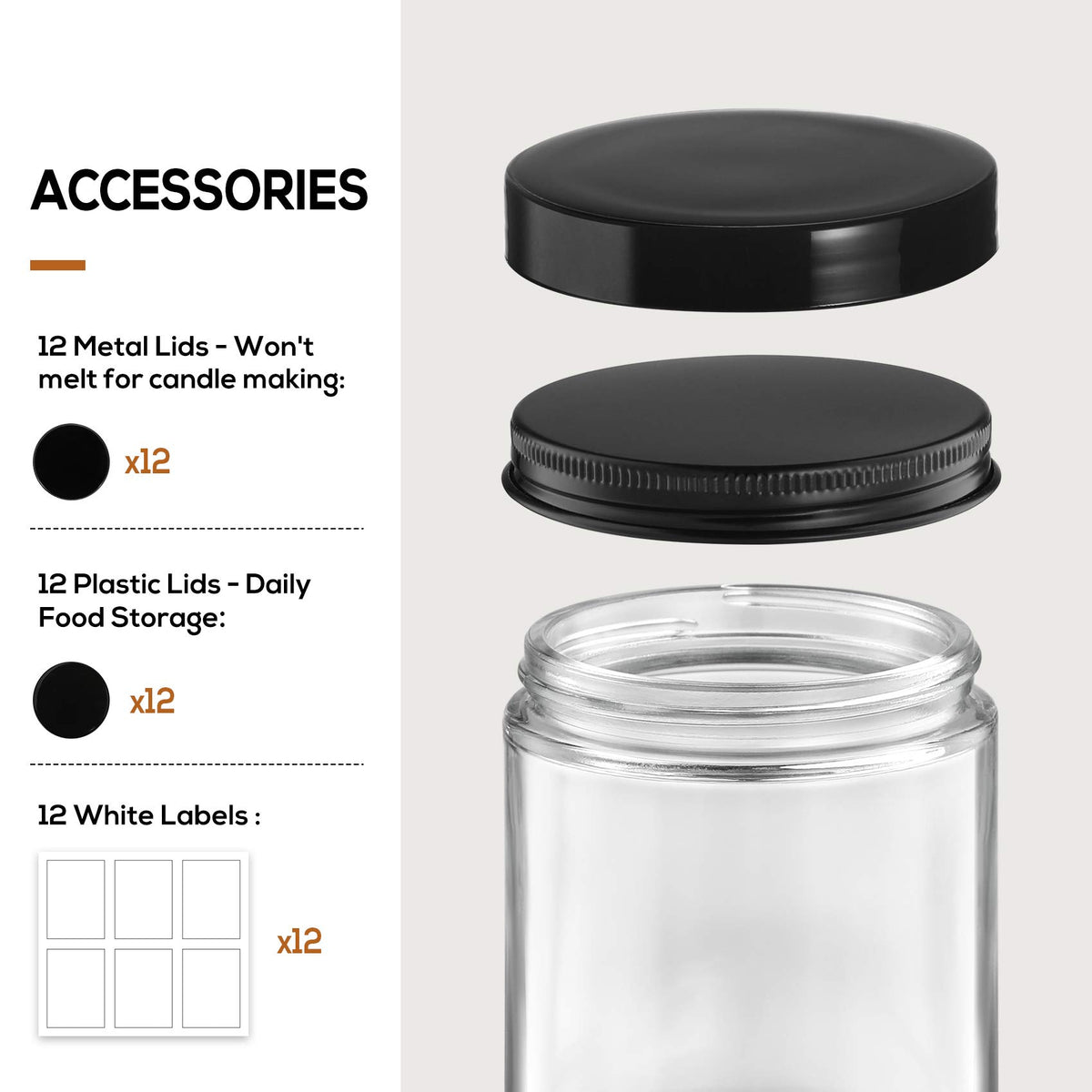 AOZITA 12-pack clear jars with lids, ready for labeling and organized spice or cosmetic samples.