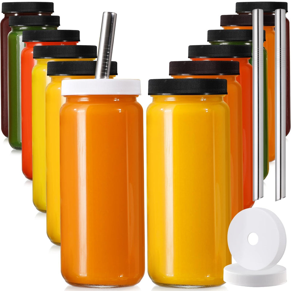 AOZITA 12-pack glass bottles with 16oz capacity, ideal for juices and smoothies.