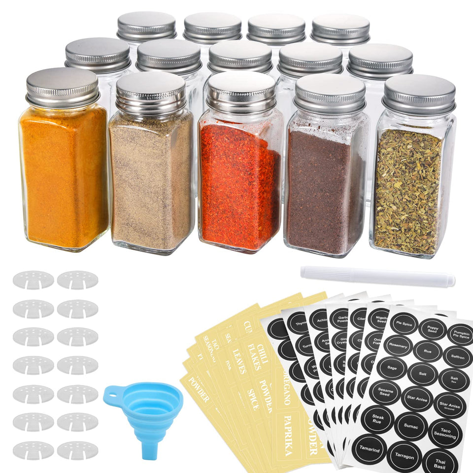 AOZITA 14pc glass spice jars set on display with clear contents for easy selection and freshness.