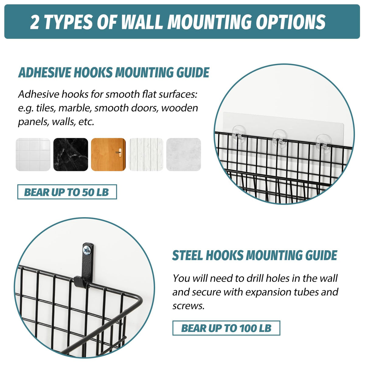 AOZITA steel-hook option for secure, lasting wall organization in bathrooms and pantries.