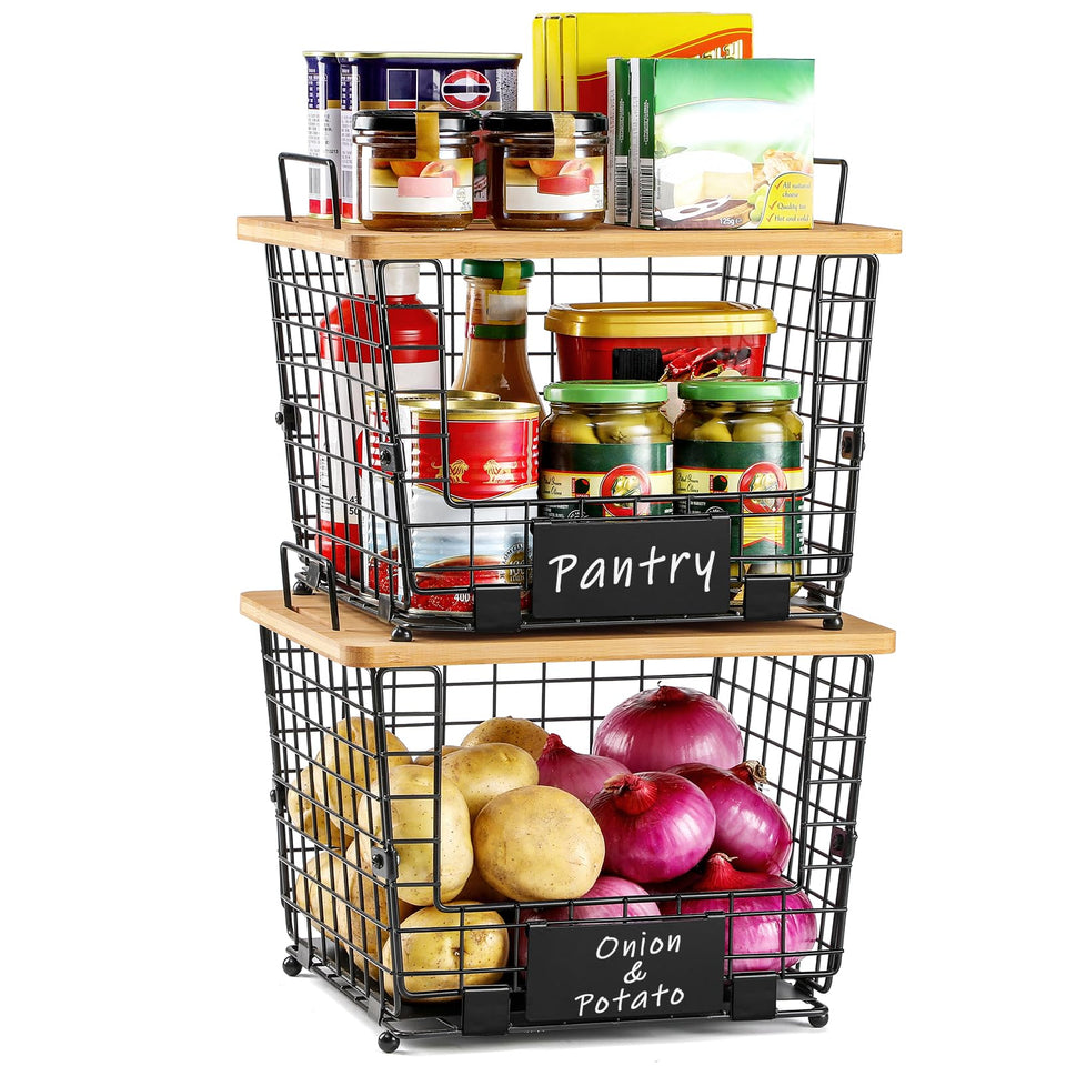 AOZITA bamboo-top stackable basket on counter for easy produce access.