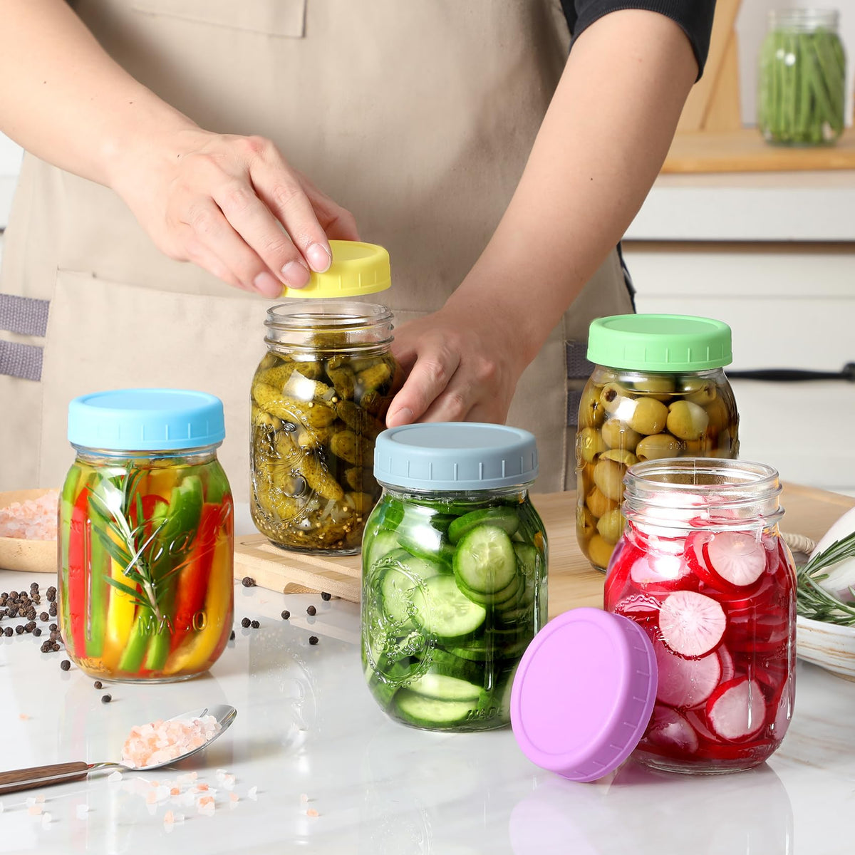 AOZITA 18-pack regular mouth lids with rings for flexible jar storage.