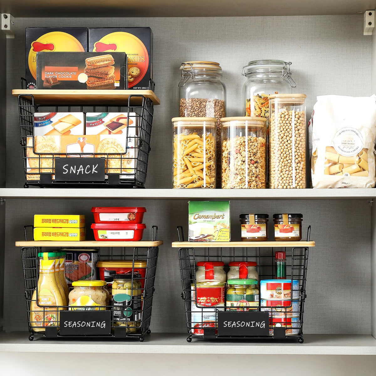 AOZITA two-set stackable wire baskets save pantry space.
