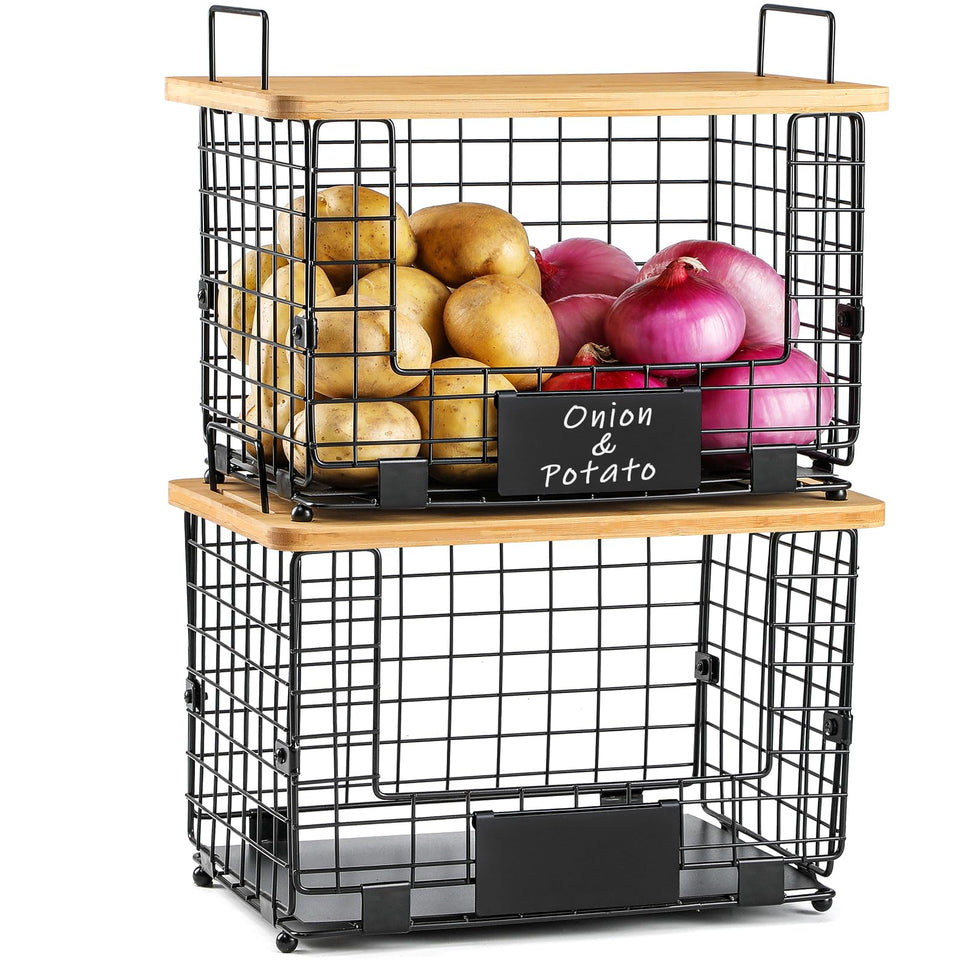 AOZITA XL stackable basket with bamboo top for pantry organization and space saving.