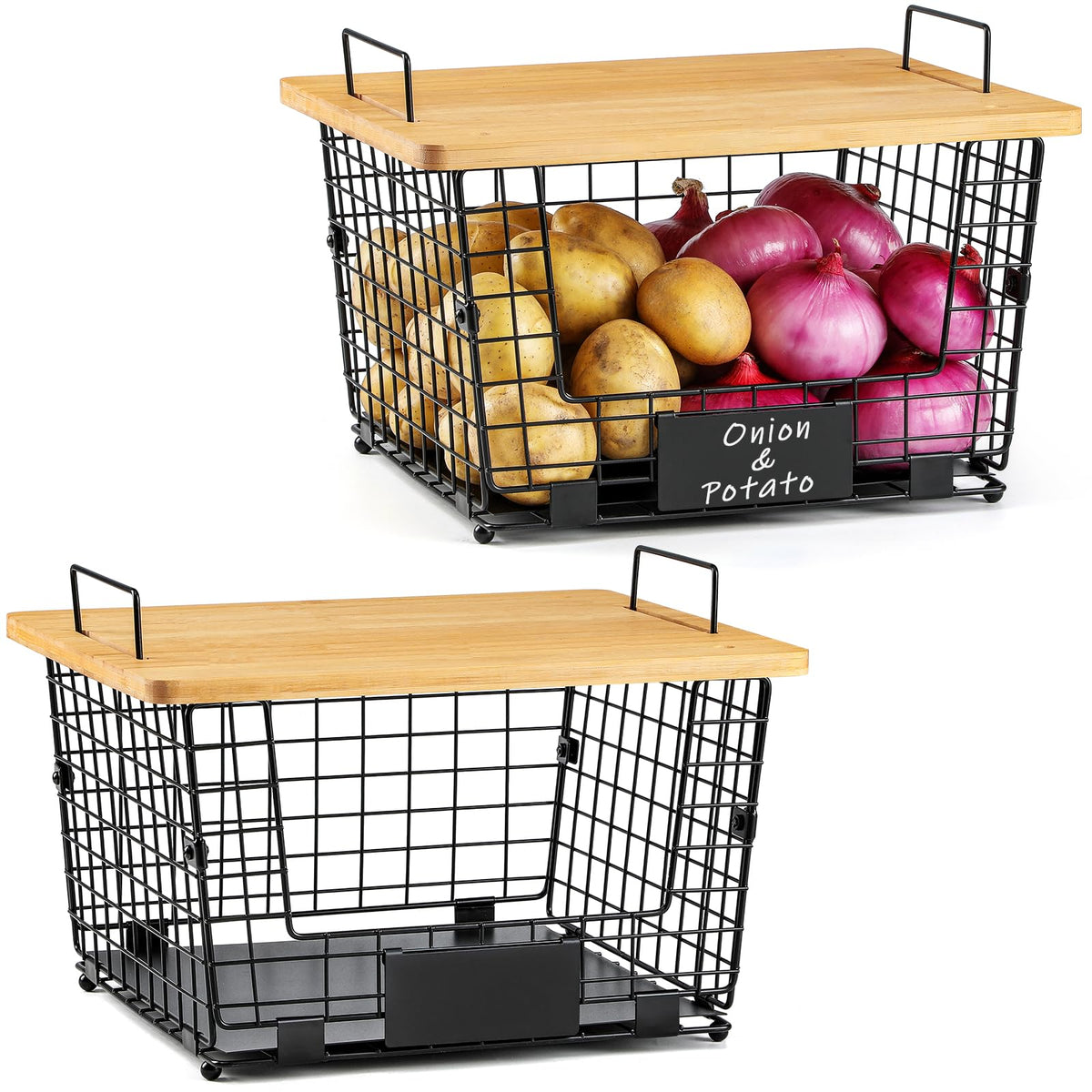 AOZITA XXL stackable basket with bamboo top, front view for organized kitchen storage.