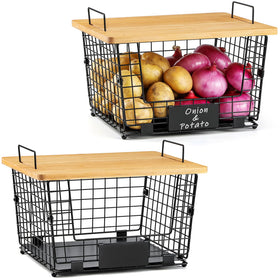 AOZITA XXL stackable basket with bamboo top, front view for organized kitchen storage.
