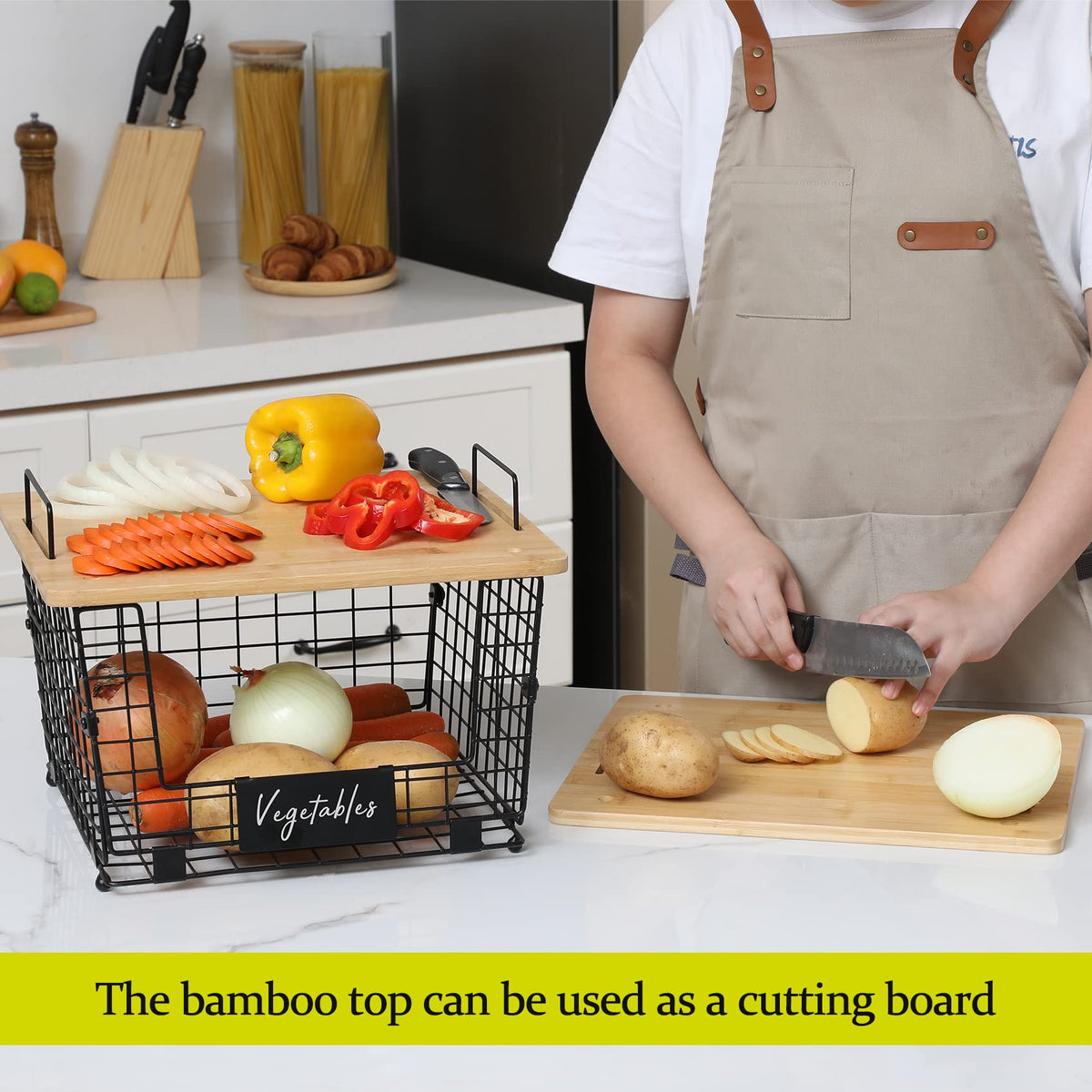 AOZITA bamboo-top cutting board on basket, convenient prep surface.