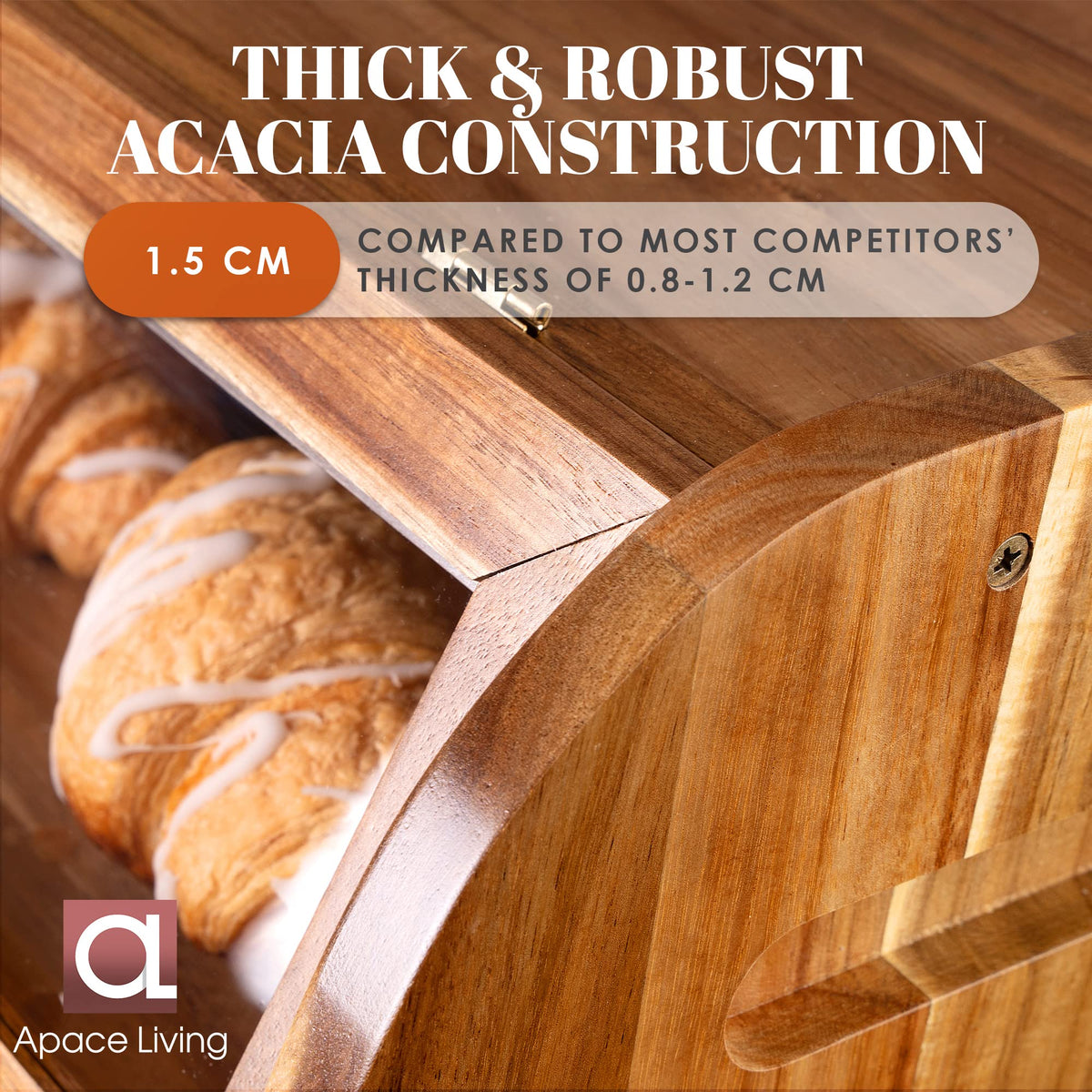 Apace Living Arise Acacia Bread Box flat top provides extra storage space.