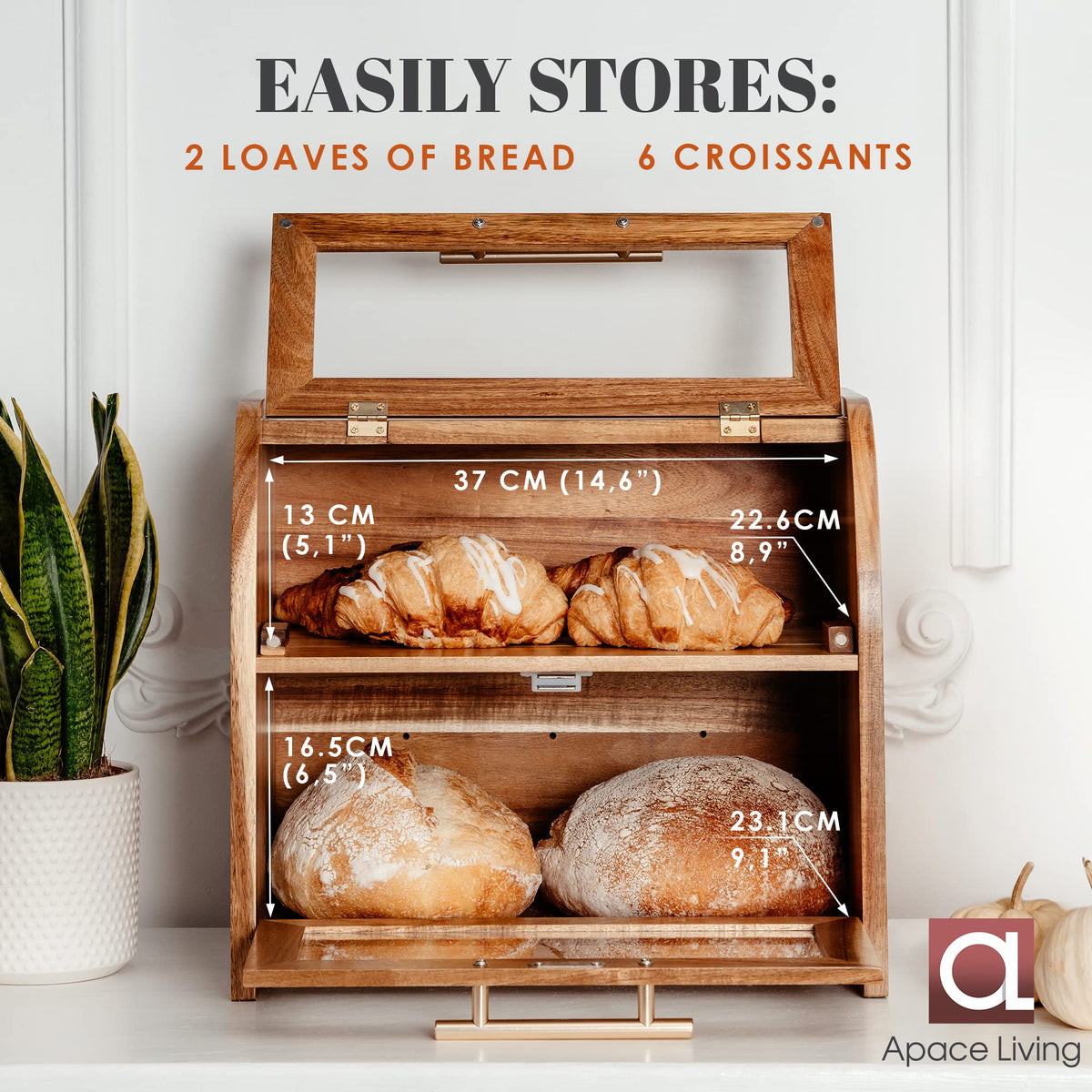 Apace Living Arise Acacia Bread Box features vent holes to regulate humidity.