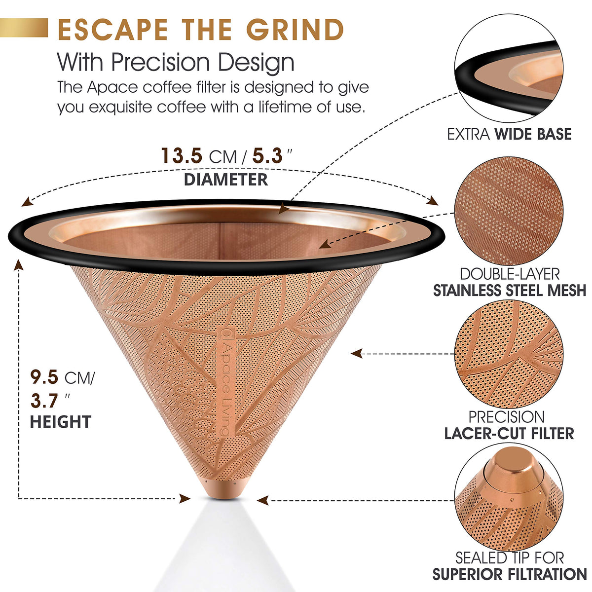 Apace Living double-layer mesh filter delivers balanced extraction and clog-free brewing.