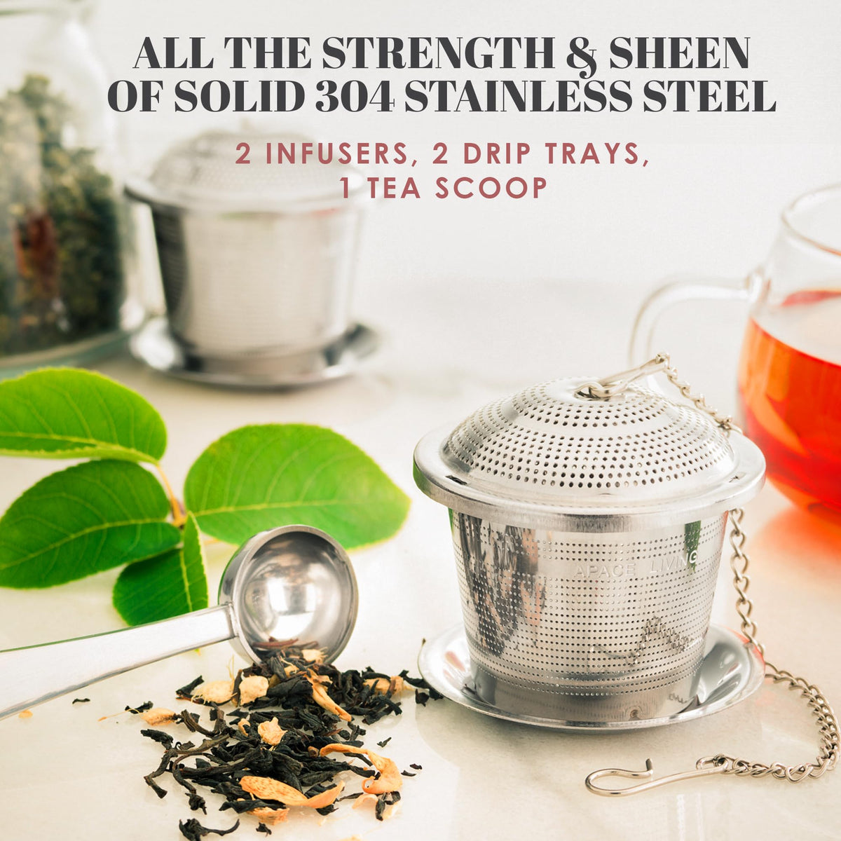 Apace Living tea infuser in use inside a cup for brewing.
