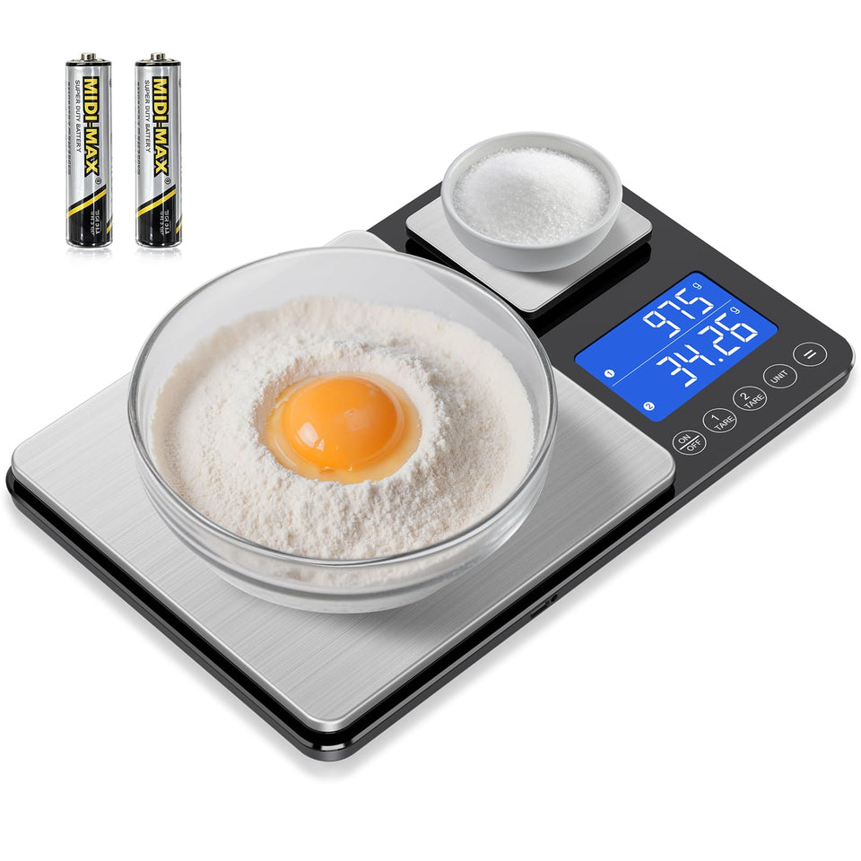ApeWeghr dual platform scale main view highlighting two weighing surfaces for precise baking