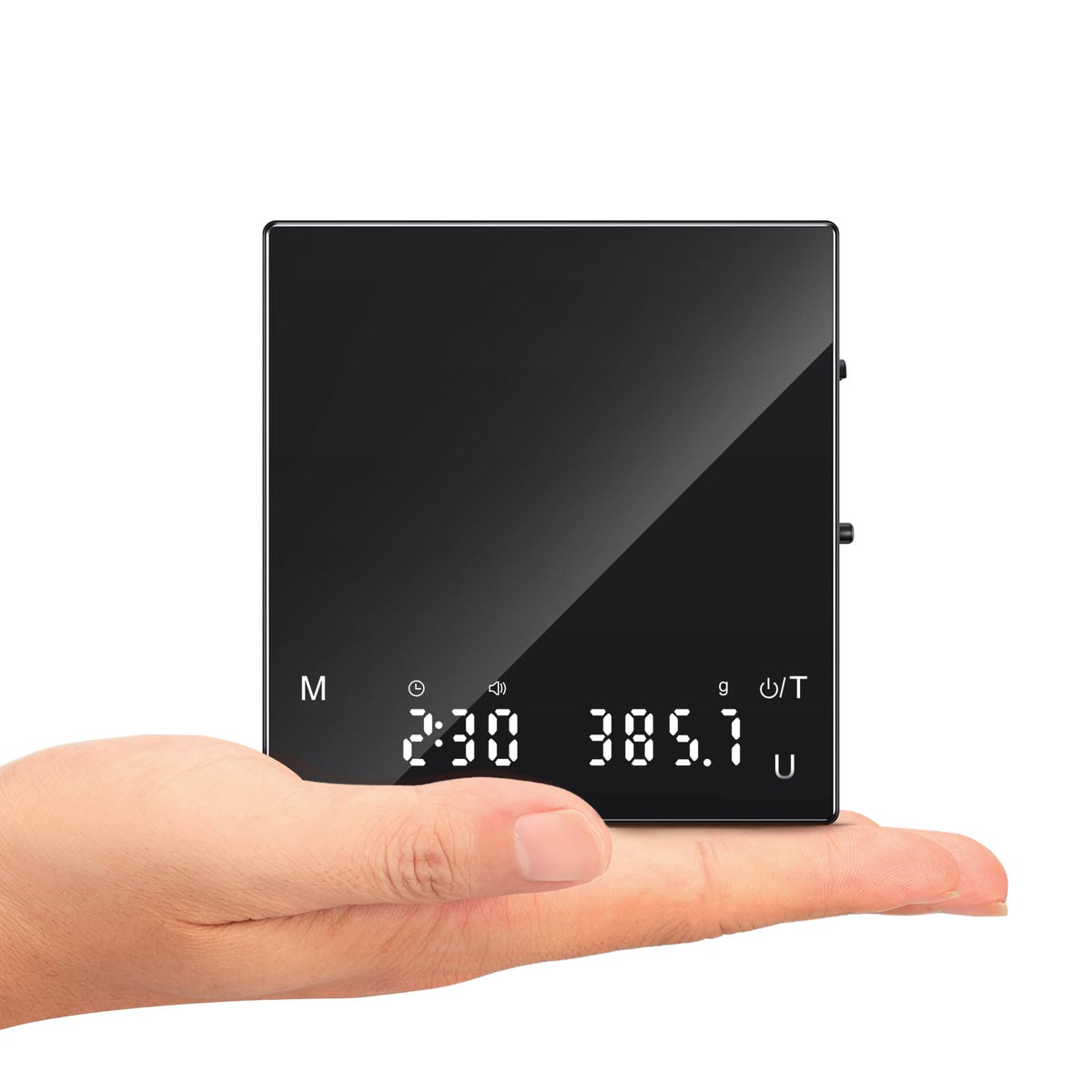 ApeWeghr Rechargeable Coffee Scale front view, compact and ideal for tight counters