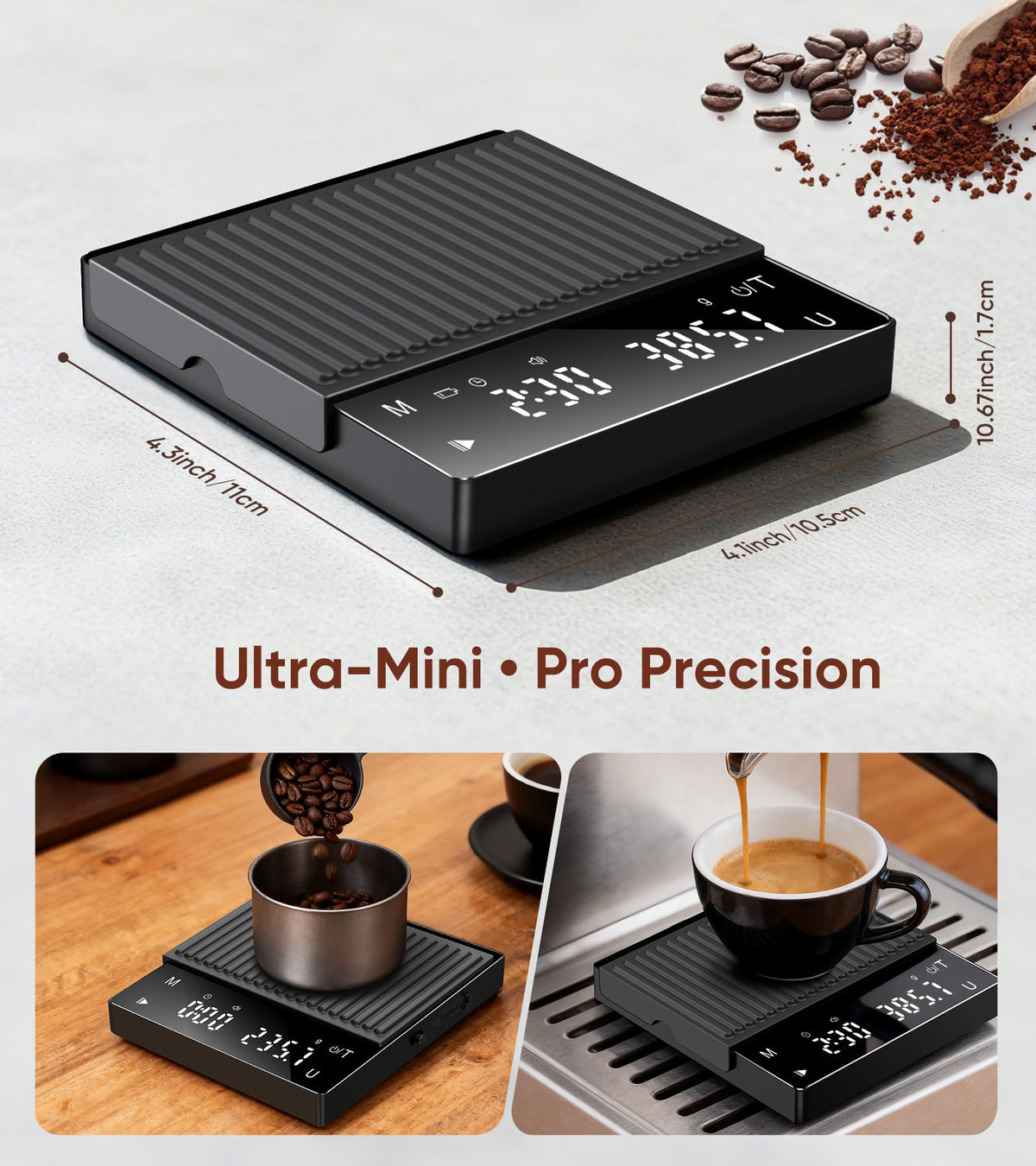 ApeWeghr Rechargeable Coffee Scale under the machine, fits neatly for precise extractions