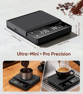 ApeWeghr Rechargeable Coffee Scale under the machine, fits neatly for precise extractions