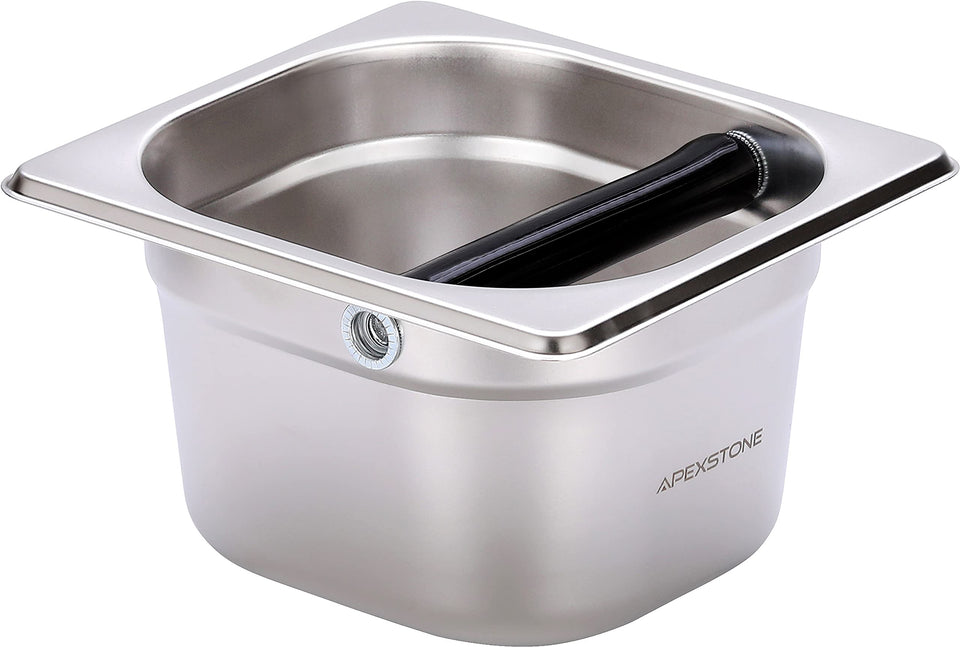 Apexstone knock box stainless steel front view for robust espresso grounds handling