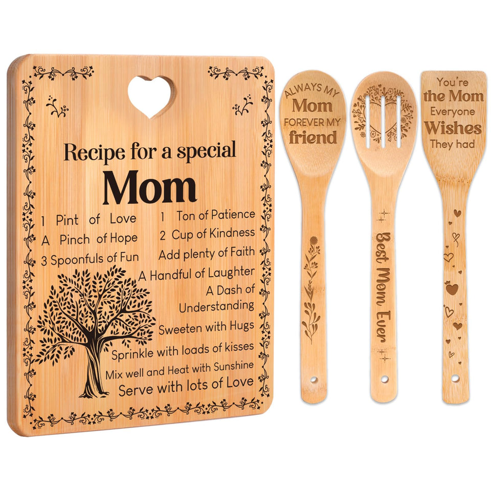 Apjielop cutting board with Recipe for a Special Mom engraving offers a durable prep surface.