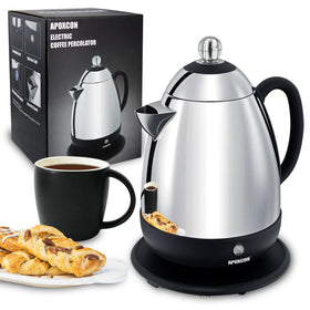 APOXCON electric percolator 10-cup view highlights durable stainless steel for family coffee