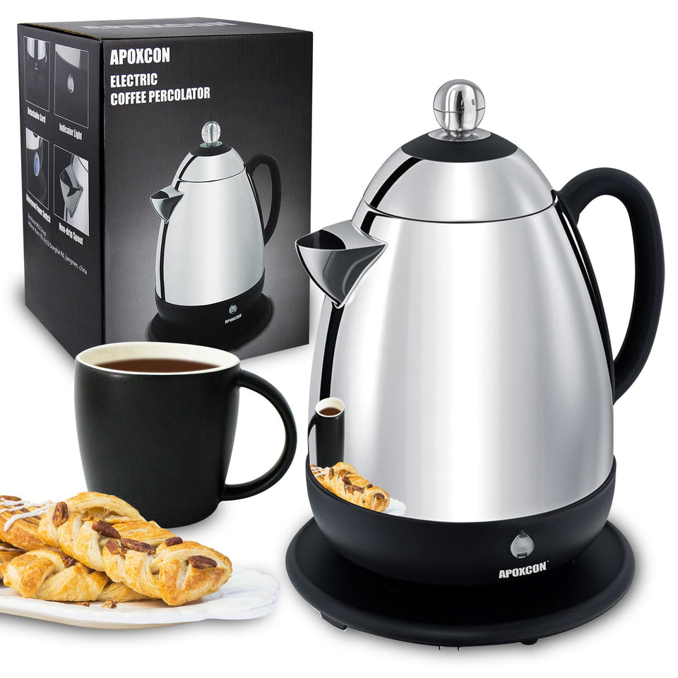APOXCON electric percolator 10-cup view highlights durable stainless steel for family coffee