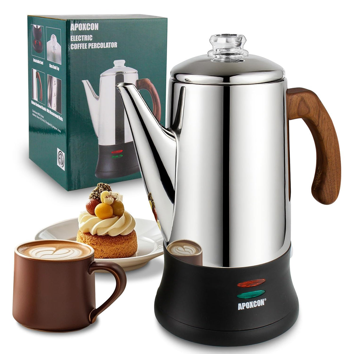APOXCON electric coffee percolator front view for precise pouring and reliable daily use