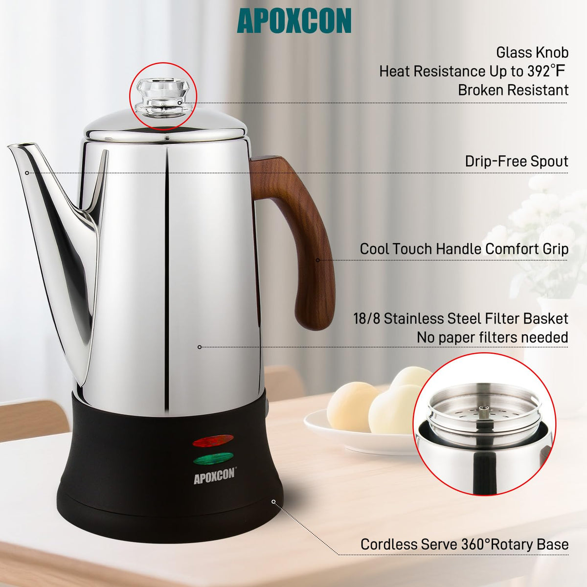 APOXCON glass brew progress knob visible for monitoring percolation