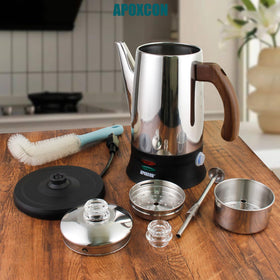 APOXCON electric coffee percolator side view highlighting sturdy stainless steel build