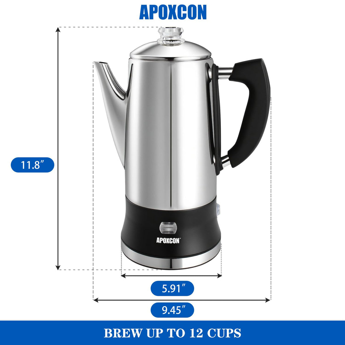 APOXCON stainless-steel coffee maker with clear brew progress for precise strength control.