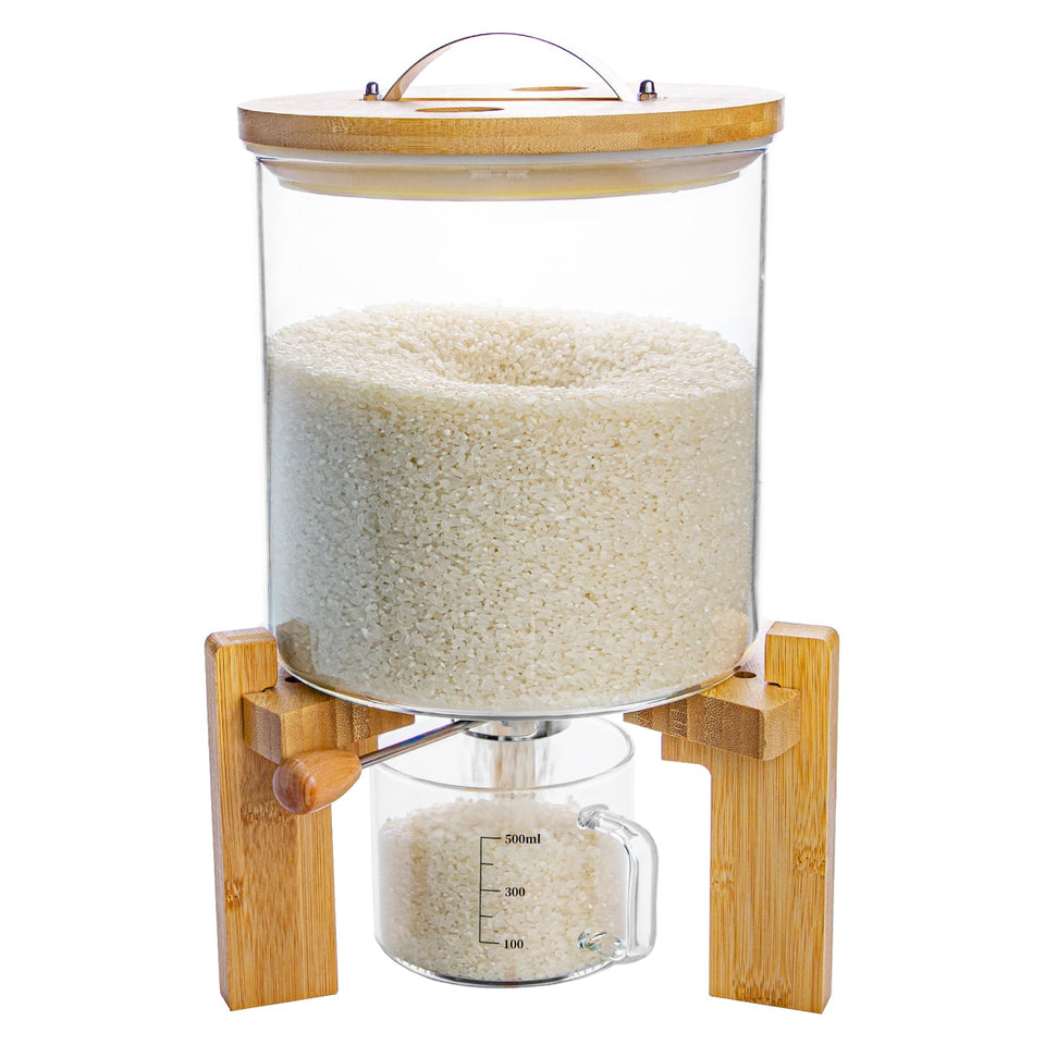 Aprilhp Rice Dispenser with glass container shows contents clearly and keeps grains fresh.