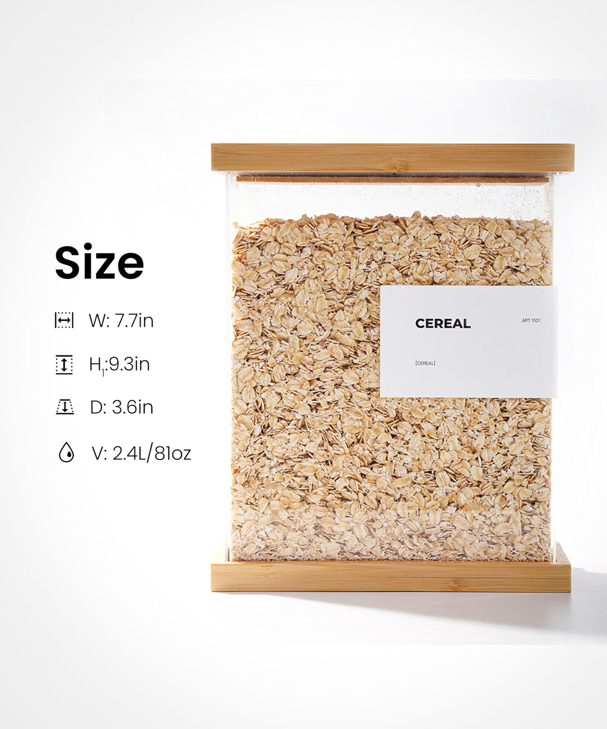 APT 1101 Bamboo Food Dispenser cereal contents illustrate easy, mess-free serving.