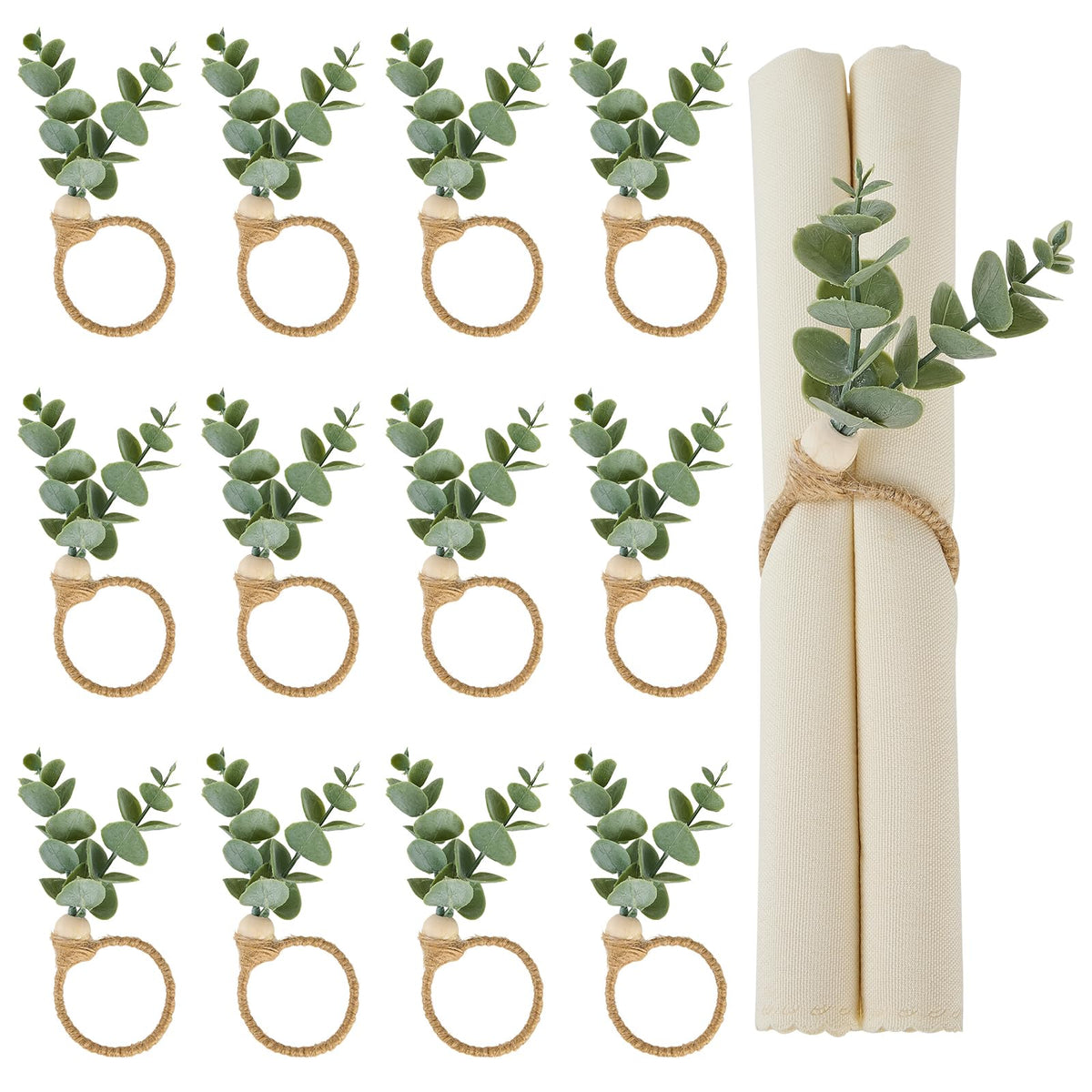 APTWOW napkin ring close-up with eucalyptus leaves and wooden beads for rustic tables