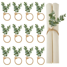 APTWOW napkin ring close-up with eucalyptus leaves and wooden beads for rustic tables