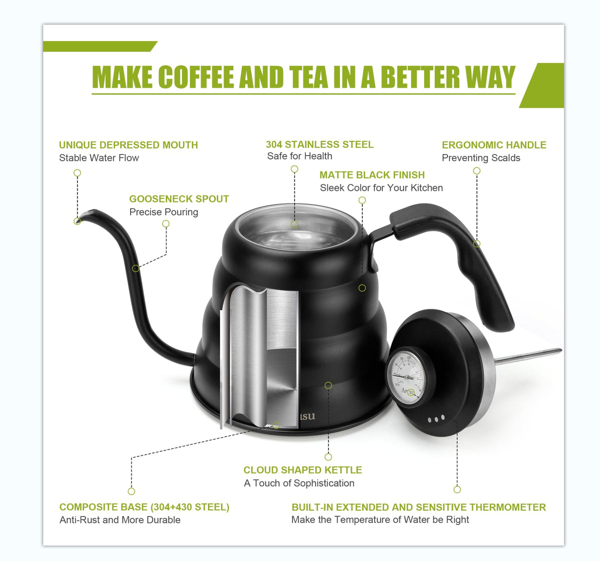 Apusu black kettle with elegant design to enhance your kitchen style