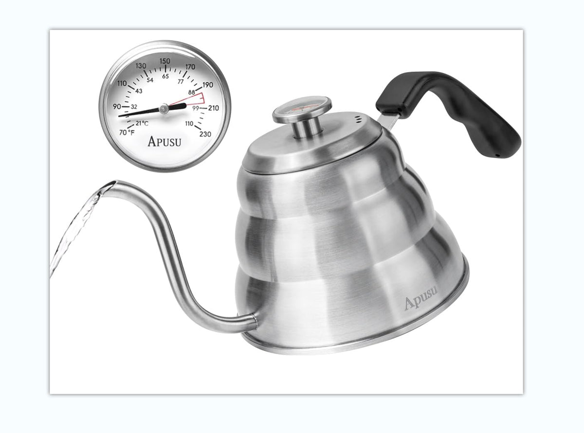 Apusu pours with gooseneck spout for precise coffee pours and better extraction.