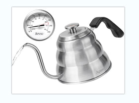 Apusu pours with gooseneck spout for precise coffee pours and better extraction.