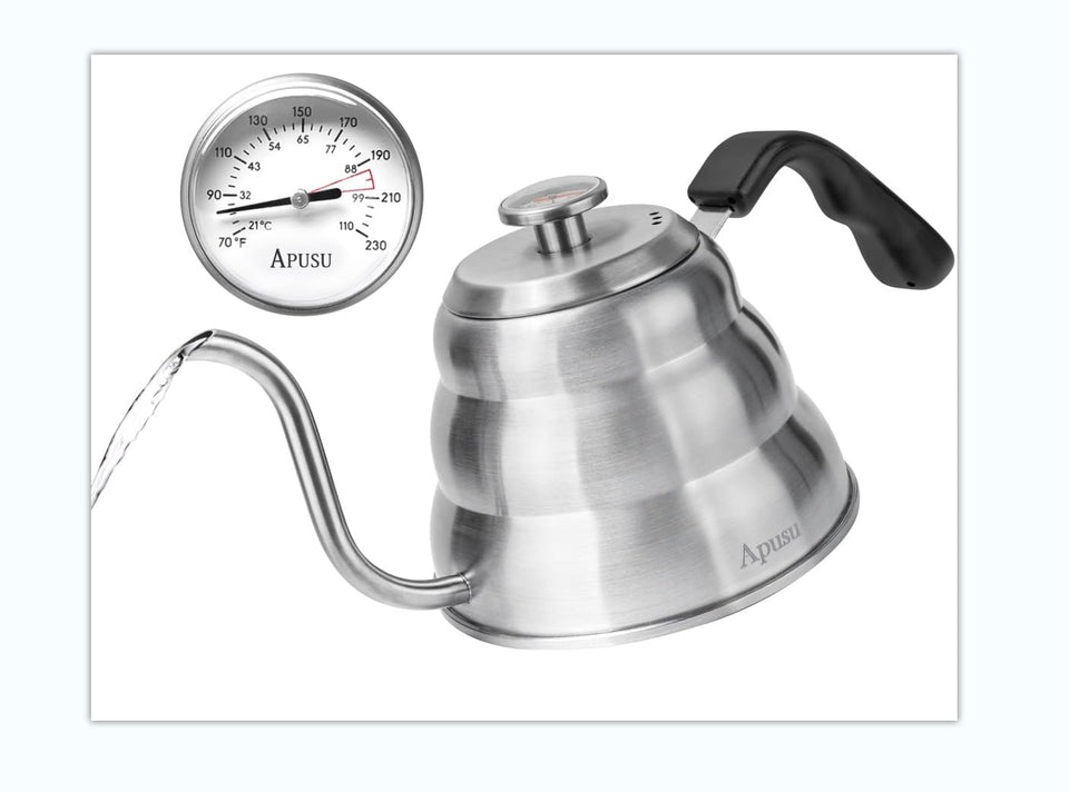 Apusu pours with gooseneck spout for precise coffee pours and better extraction.