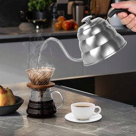 Apusu kettle shows built-in thermometer to monitor brewing temperature.