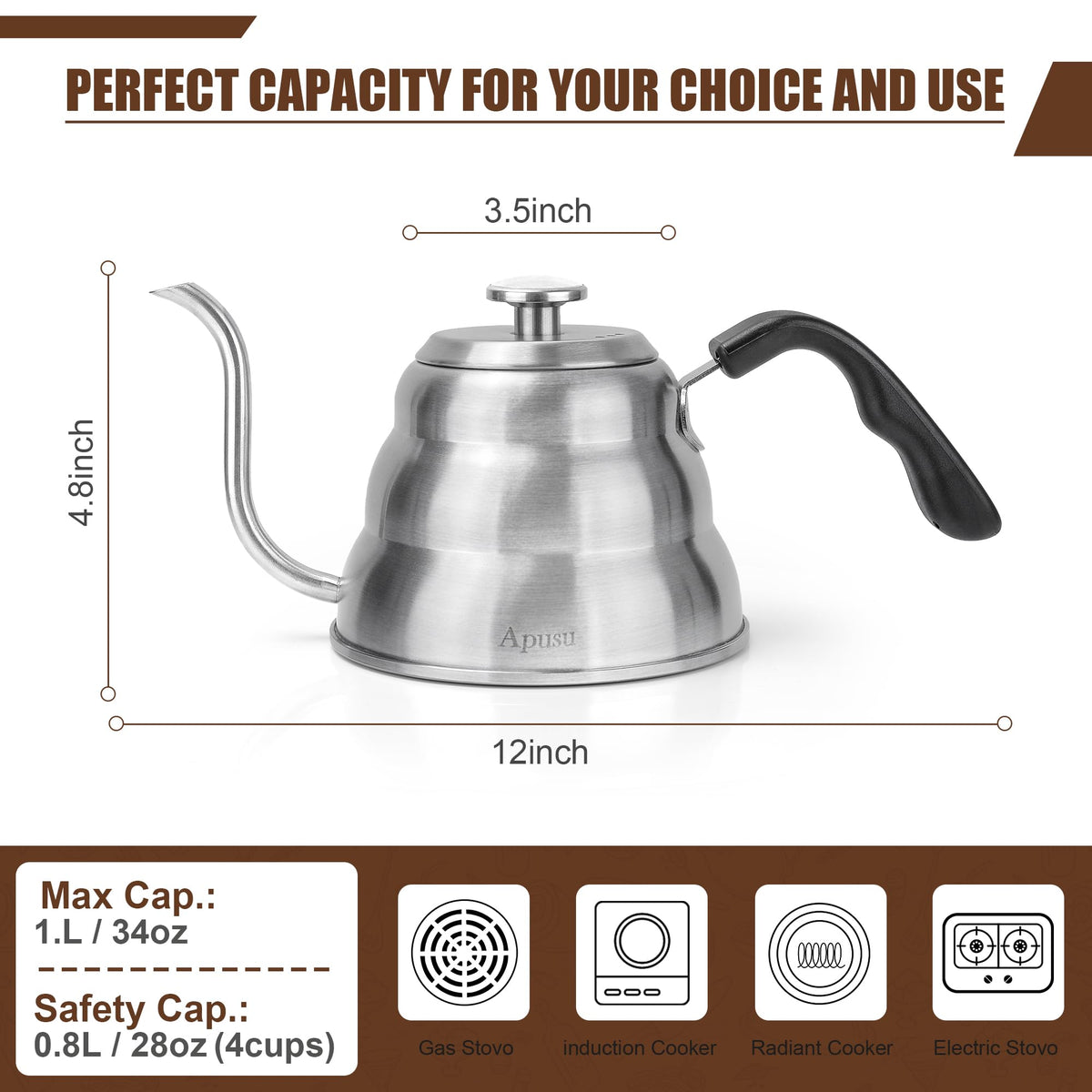 Apusu stainless steel kettle with phenolic handle for safe, comfortable pouring.