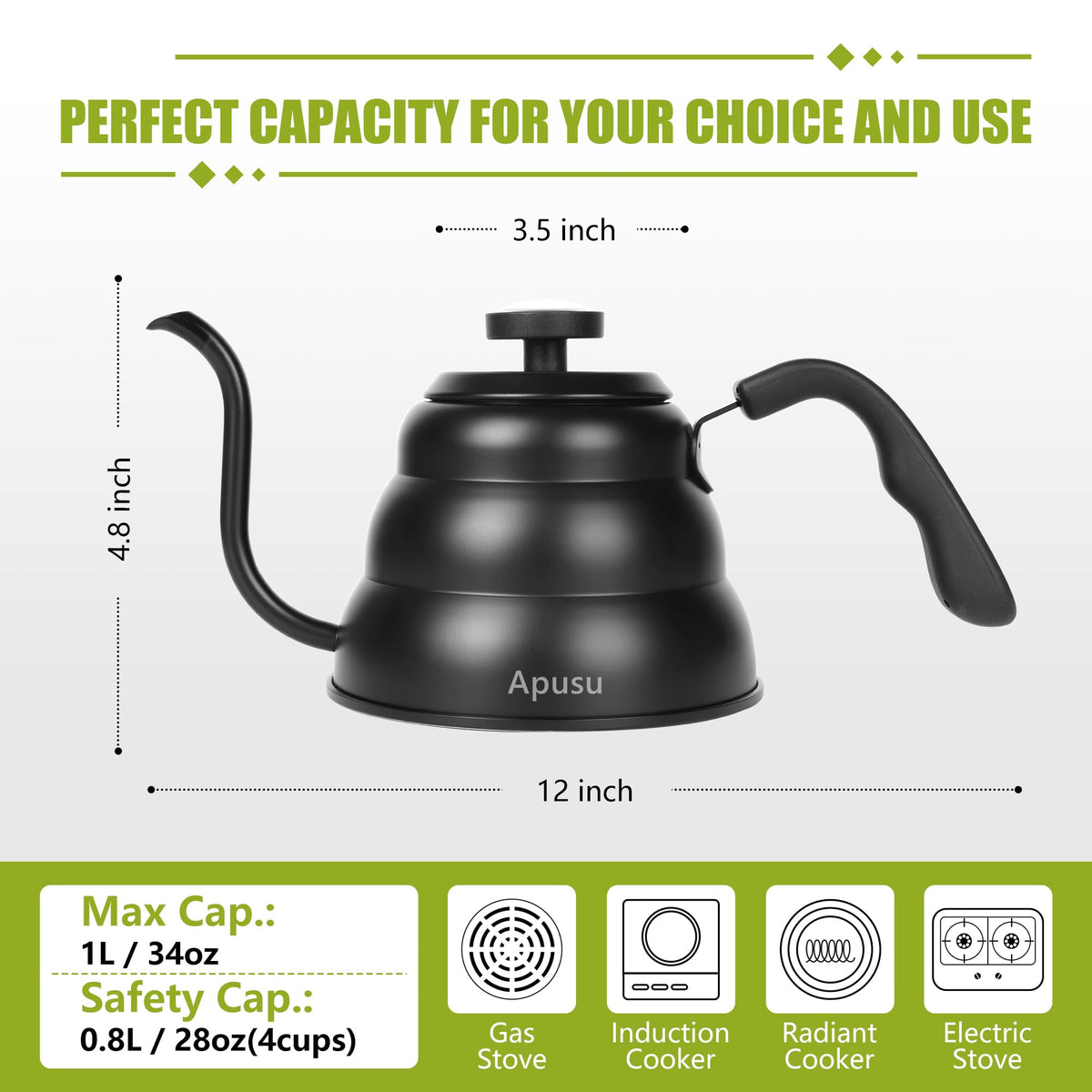 Apusu stainless steel kettle (304) for safety, durability, and rust resistance