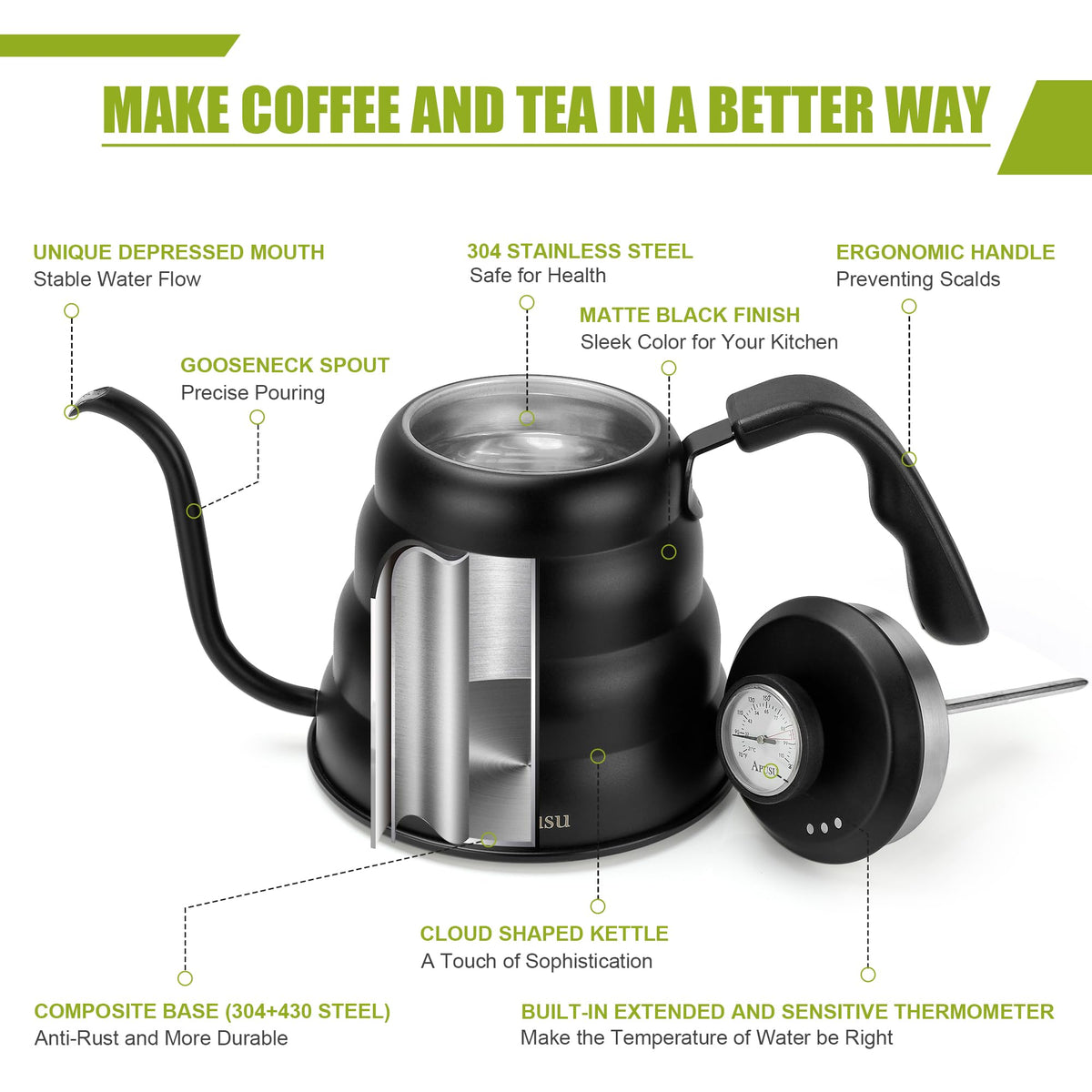 Apusu tea kettle black exterior design adds a stylish kitchen look.