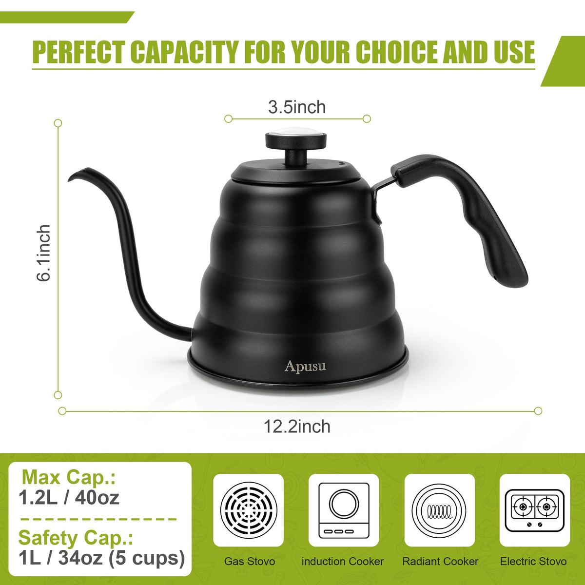 Apusu tea kettle with stainless-steel body for durability and quick heating.